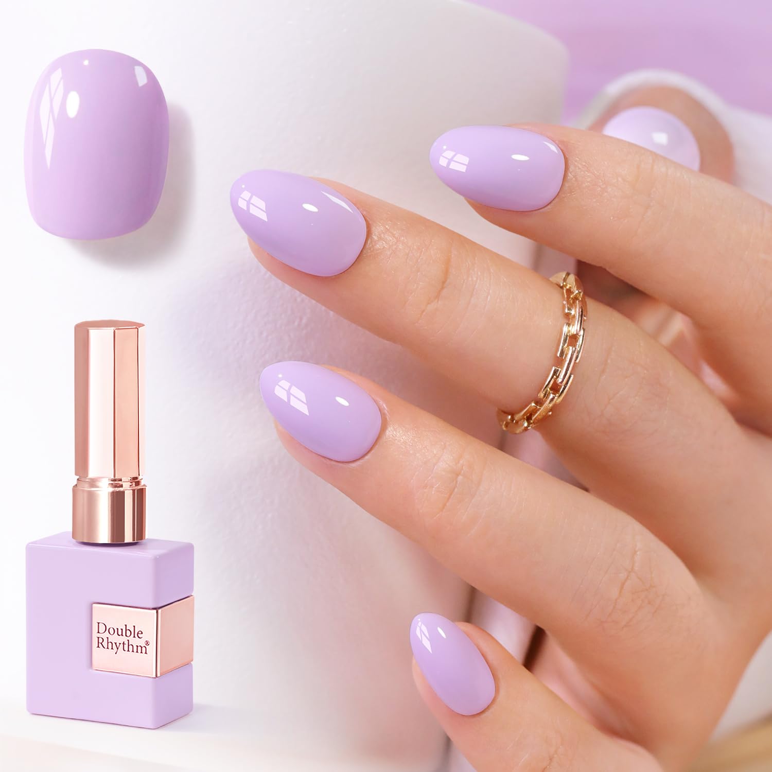 Double Rhythm front bottle showing pale purple shade and even finish benefit