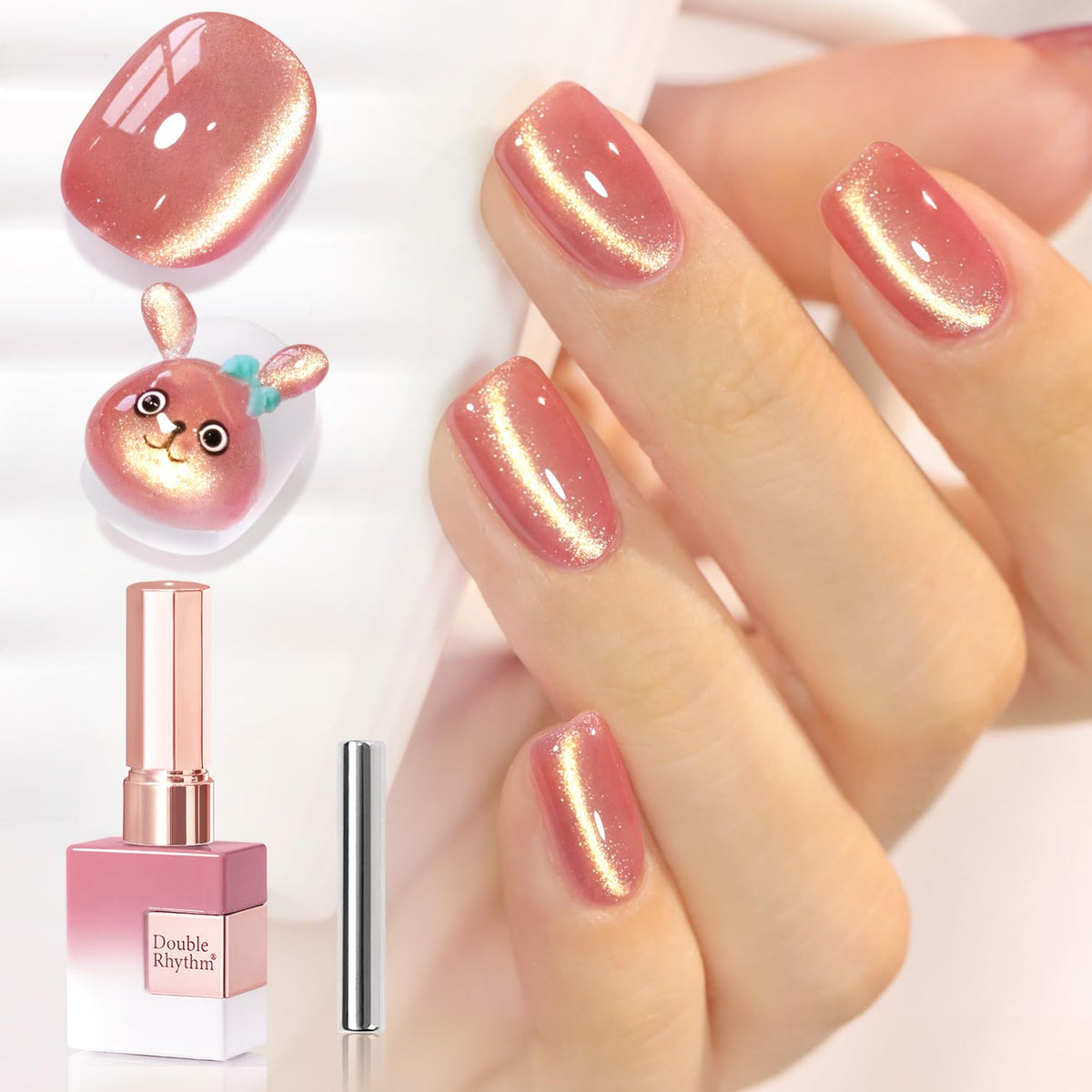 Double Rhythm front bottle showing peach pink gold shimmer and benefit of visual clarity