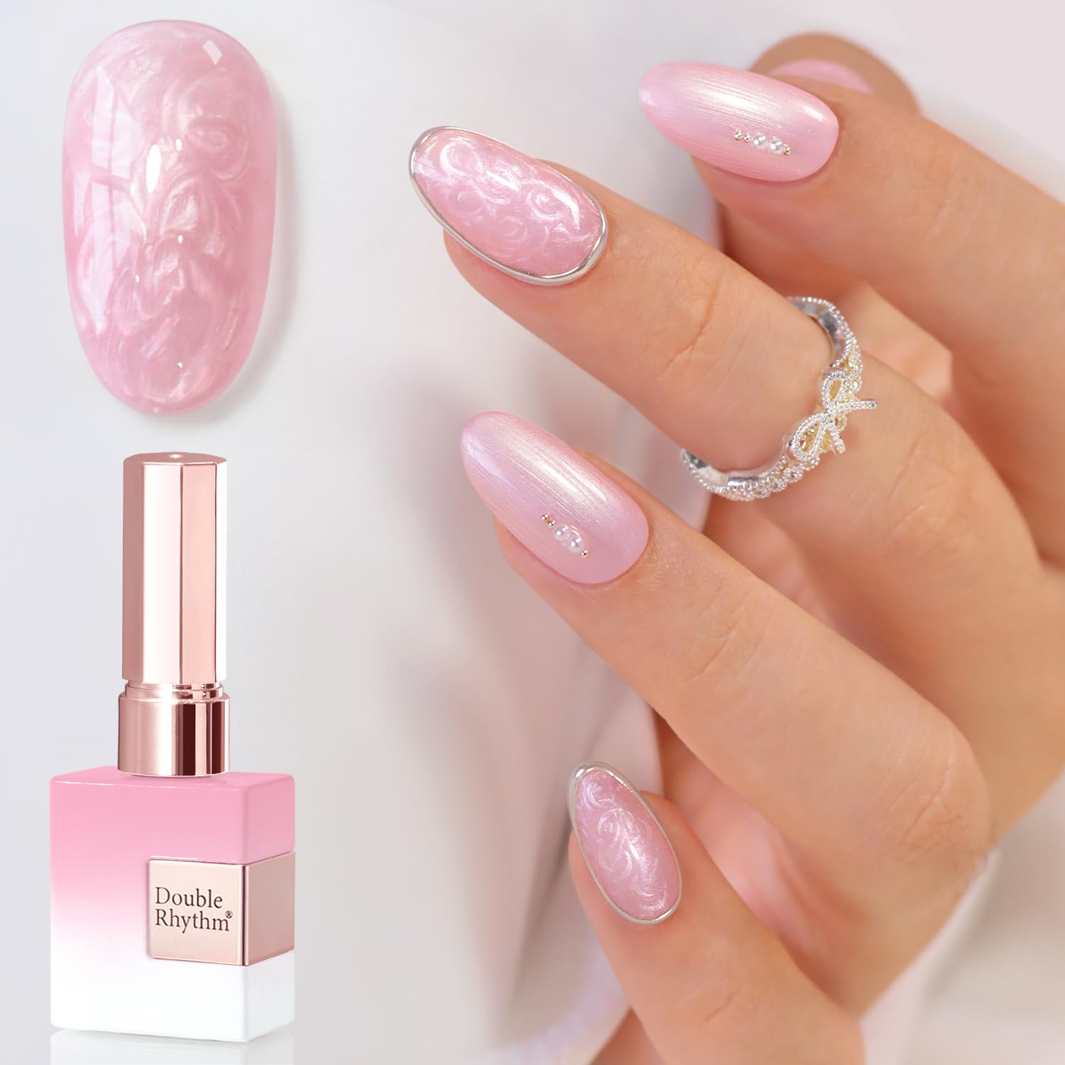 Double Rhythm front bottle showing pearl nude color and benefit of salon finish