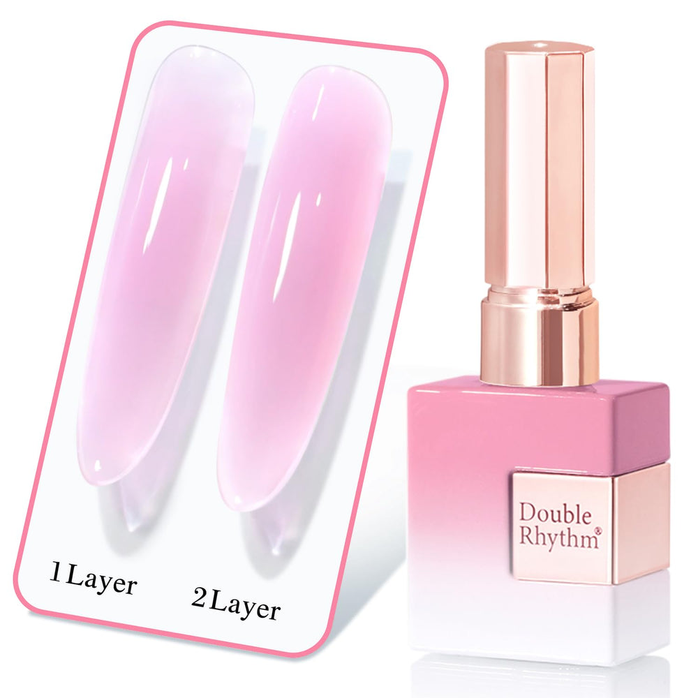 Double Rhythm front bottle showing pink-purple translucent gel and color preview for layering benefits