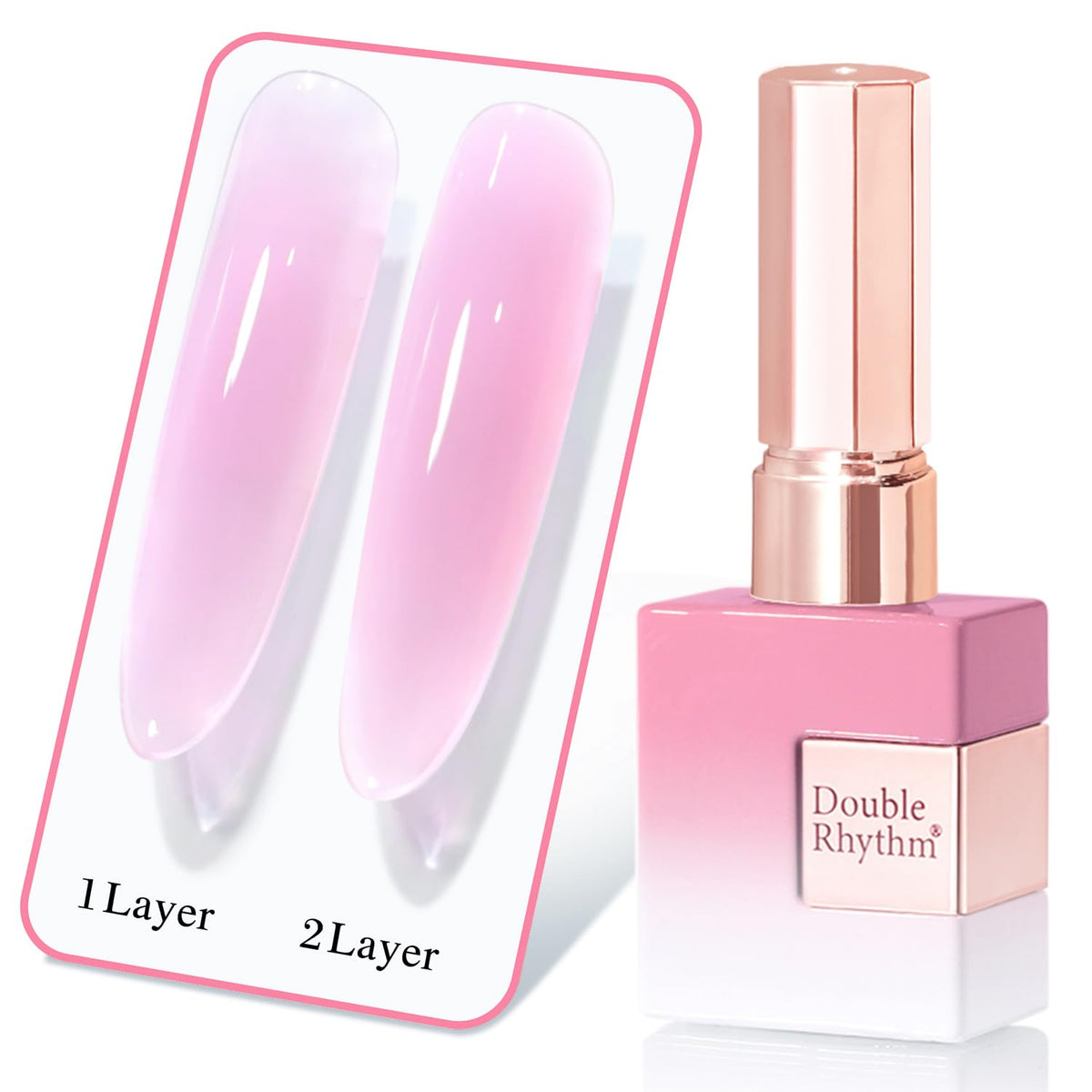 Double Rhythm front bottle showing pink-purple translucent gel and color preview for layering benefits