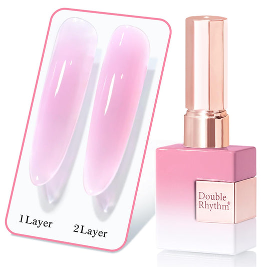 Double Rhythm front bottle showing pink-purple translucent gel and color preview for layering benefits