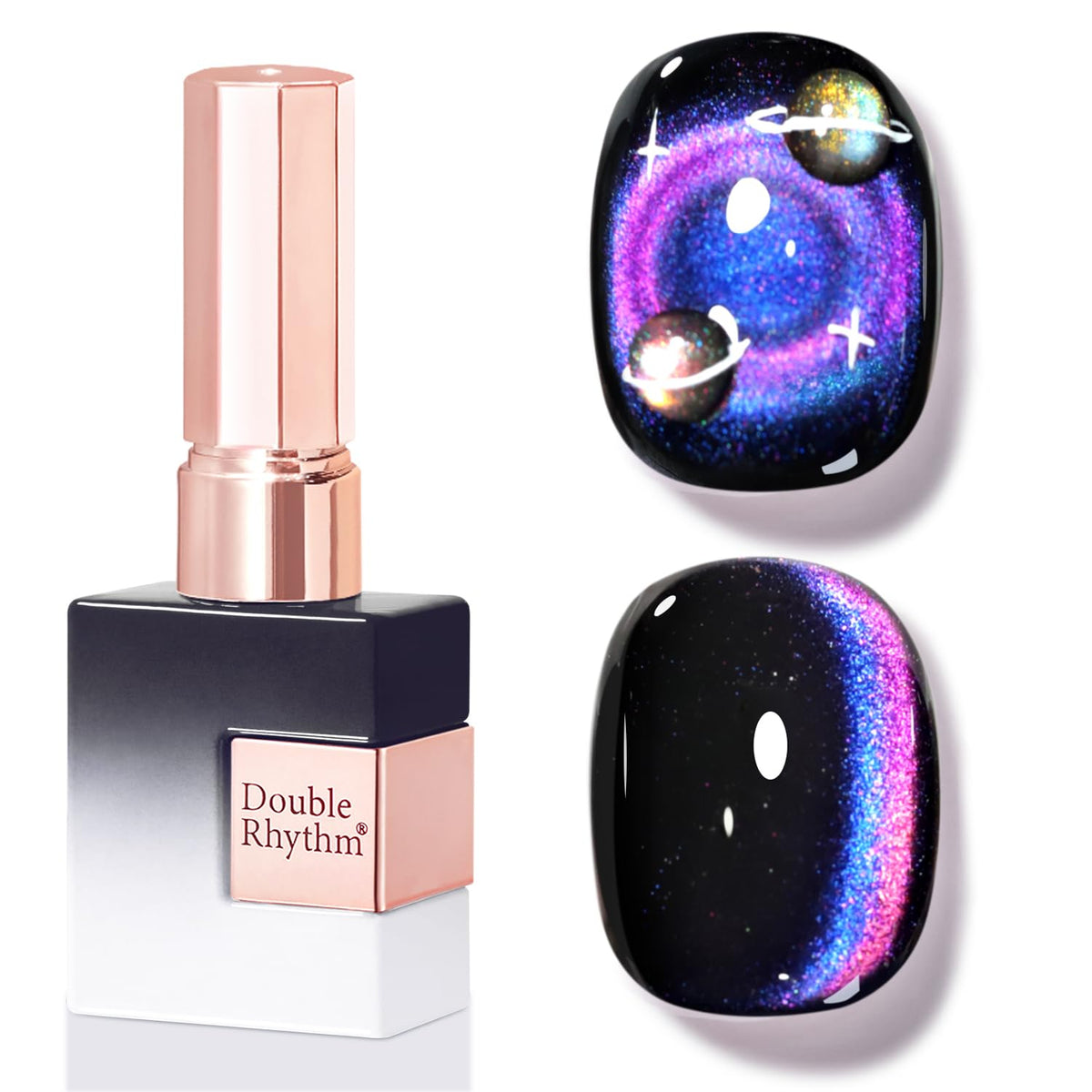 Double Rhythm bottle front view showing pink‑purple holographic cat eye gel for shimmering manicures