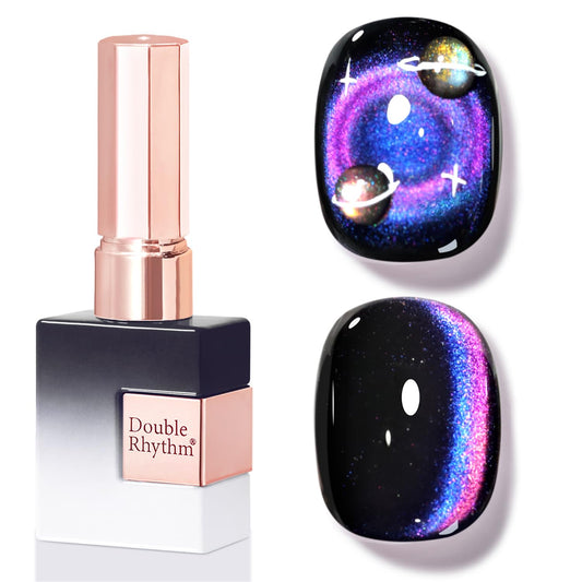 Double Rhythm bottle front view showing pink‑purple holographic cat eye gel for shimmering manicures