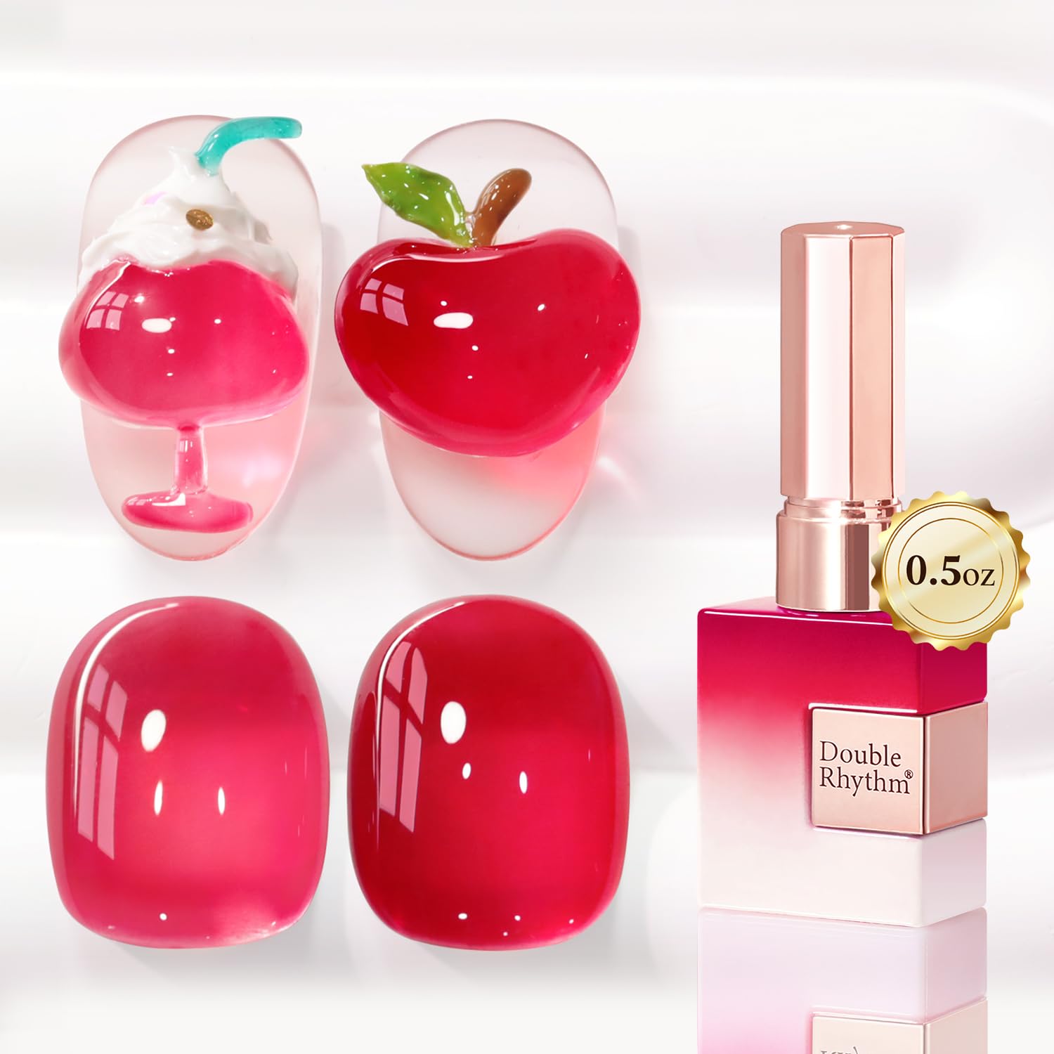 Double Rhythm front bottle showing milky red gel and glossy finish benefit