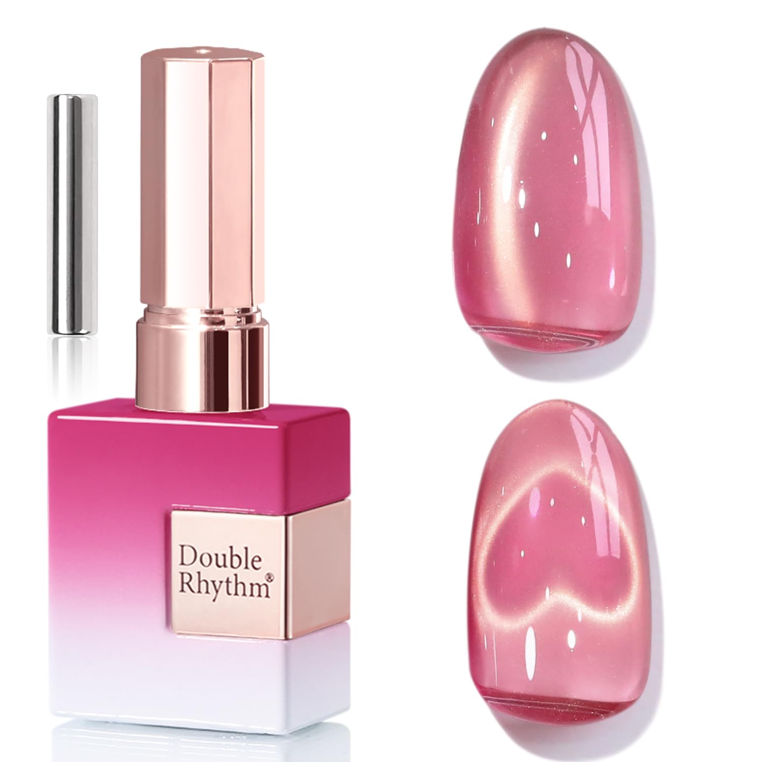 Double Rhythm bottle front view showing Rose Pink MC1182 and glossy finish benefit