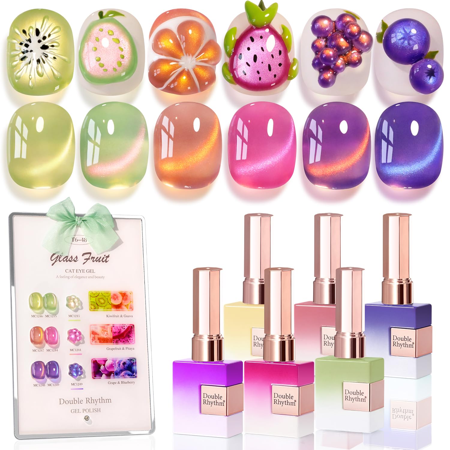 Double Rhythm front view of six matching bottles showing consistent shimmer finish