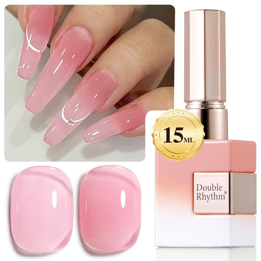 Double Rhythm bottle front view showing sheer pink milky polish and label benefit