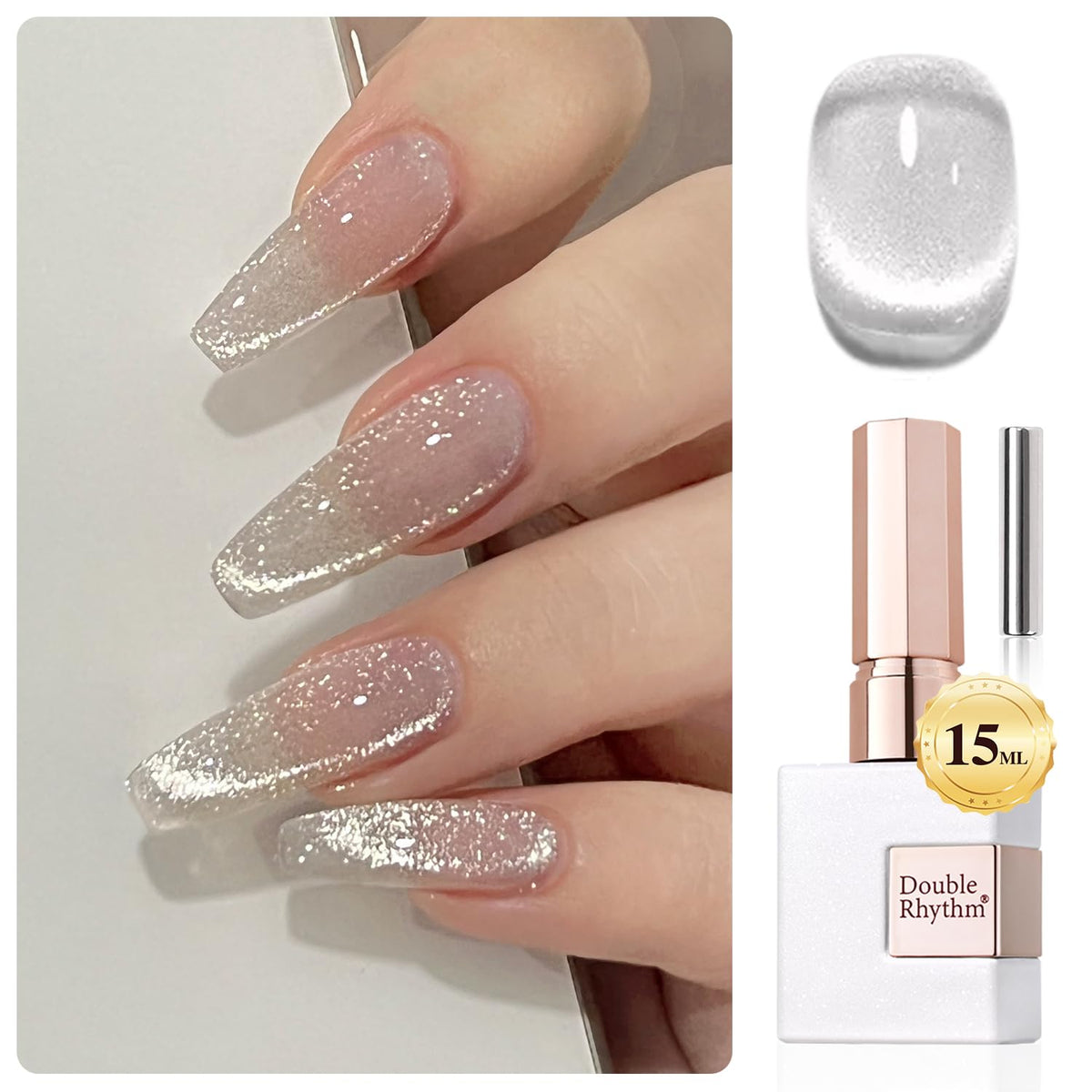 Double Rhythm front bottle silver MC1019 showcasing holographic shimmer benefit