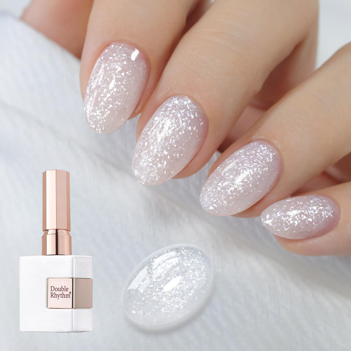 Double Rhythm front bottle showing snow glitter shade and compact size benefit