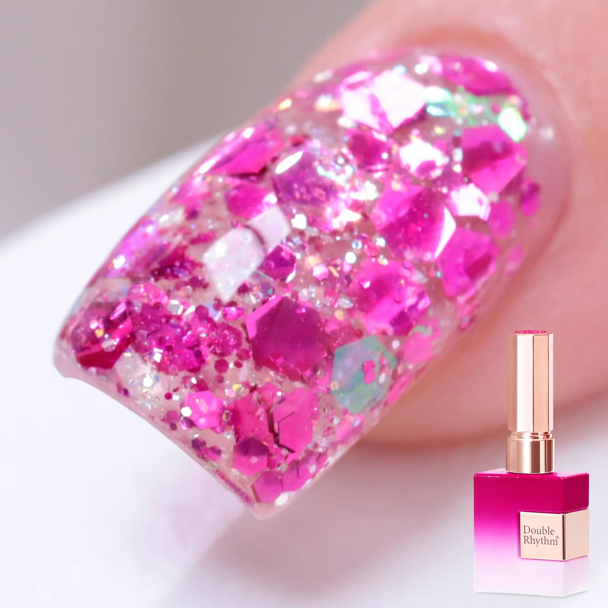 Double Rhythm front bottle showing Sparkle Rose color and compact size benefit