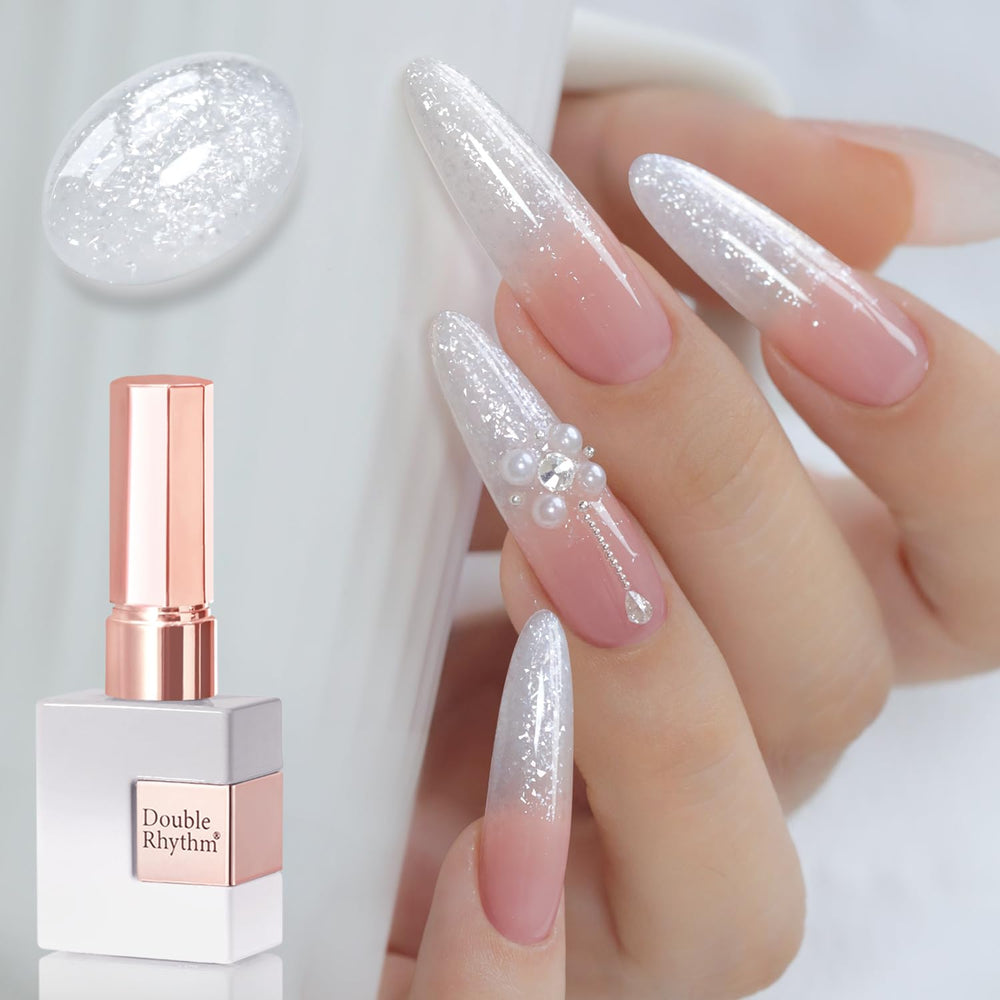 Double Rhythm bottle front view showing white flake glitter and brand clarity