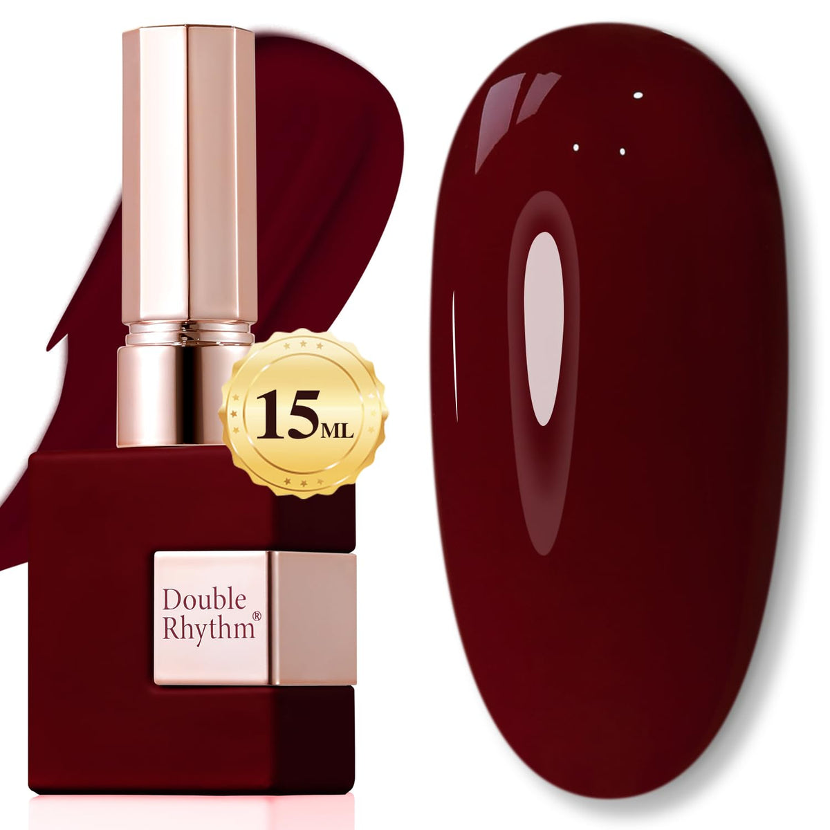 Double Rhythm front bottle showing 15ml capacity and translucent burgundy shade for easy selection
