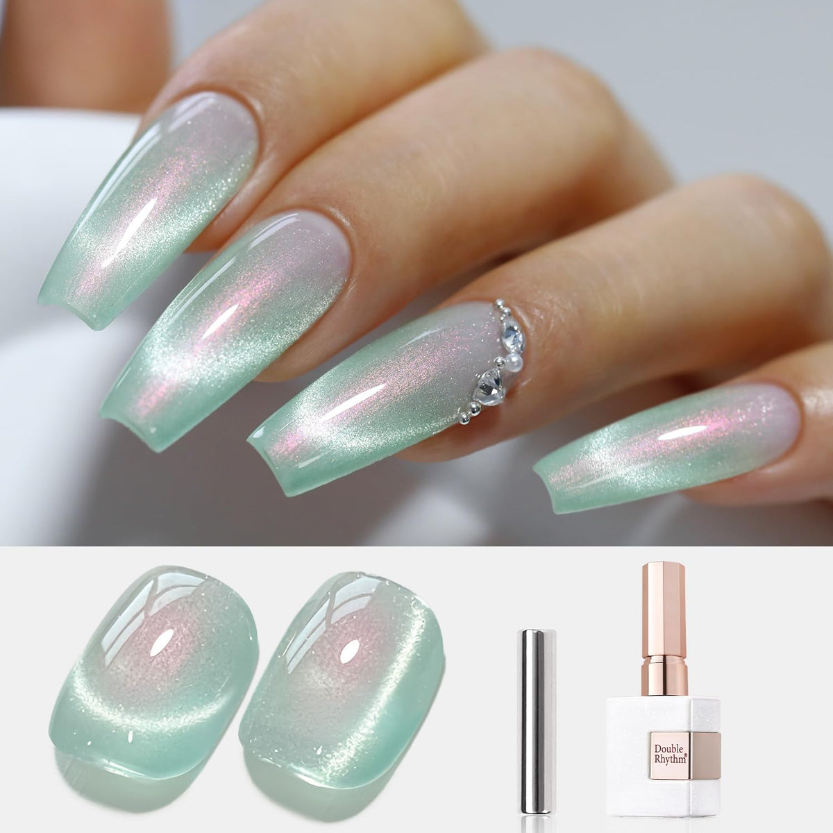 Double Rhythm front bottle showing holographic cat eye polish and clear label benefit