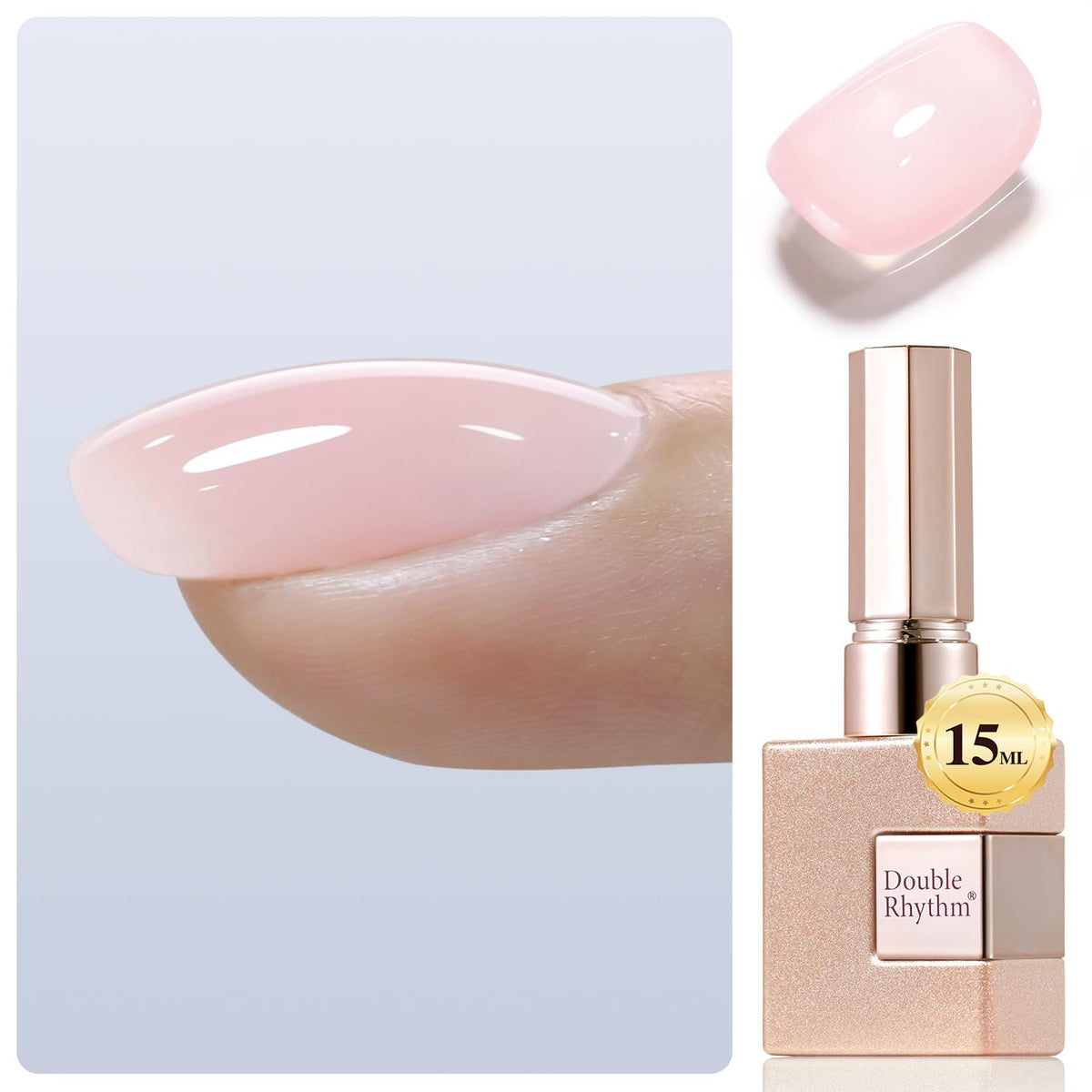 Double Rhythm front bottle view showing milky pink gel and branding for easy selection