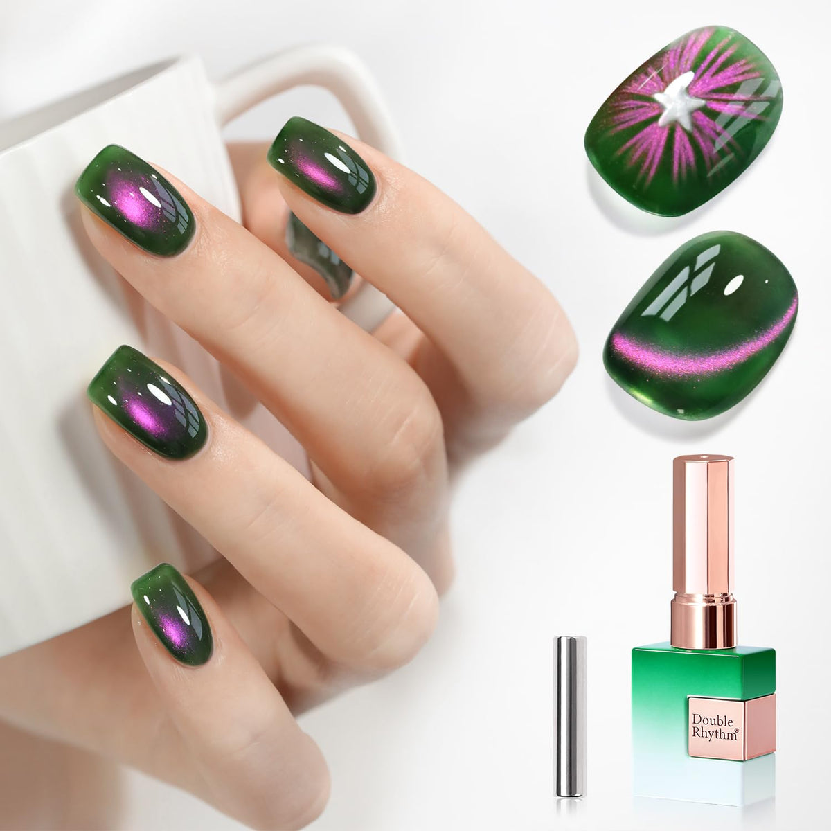 Double Rhythm front bottle showing holographic green-pink polish and magnet benefits