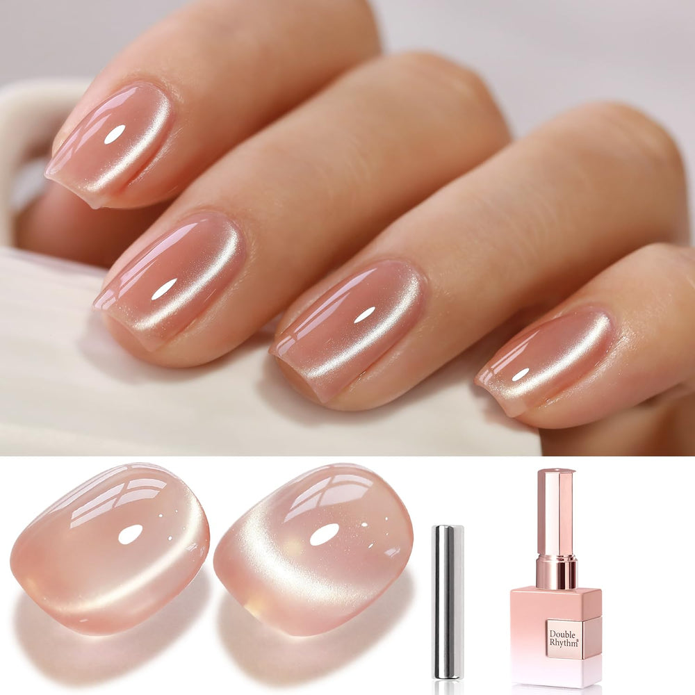 Double Rhythm front packaging shows apricot nude polish and magnetic effect benefit