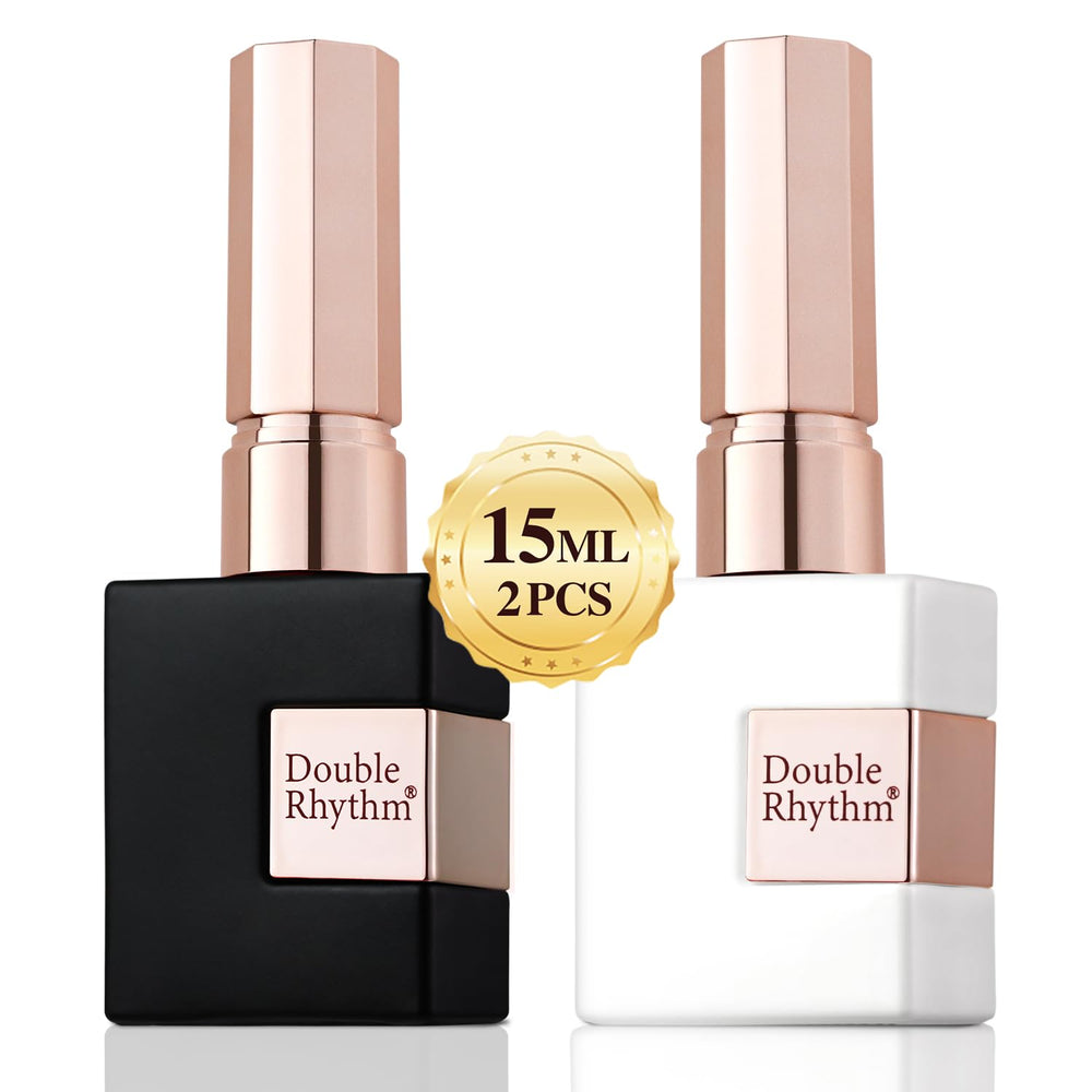 Double Rhythm front packaging showing black and white polishes, clear storage benefit