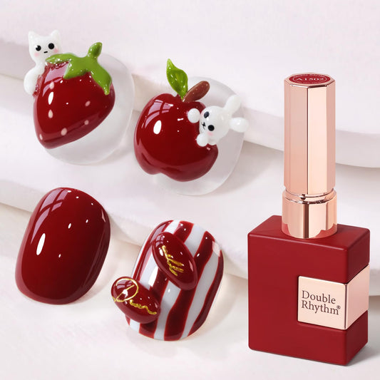 Double Rhythm front packaging showing brick burgundy bottle and clear label, helps shoppers identify color