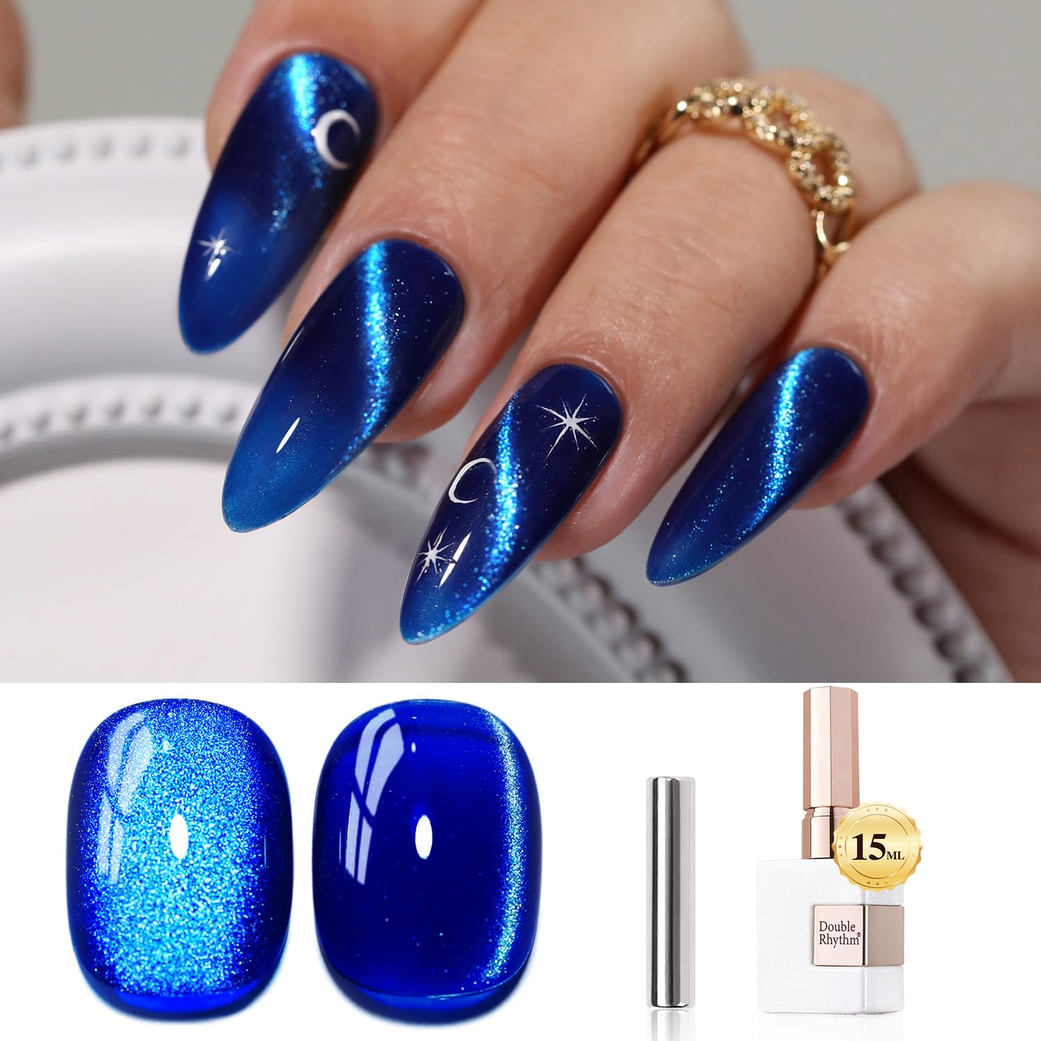 Double Rhythm front bottle shot showing cat-eye holographic finish and easy application benefit