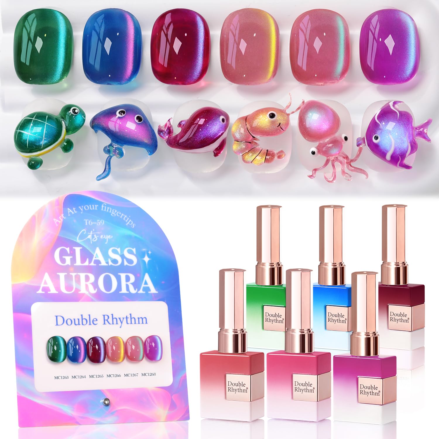 Double Rhythm front packaging showing six matching green cat eye bottles and benefits