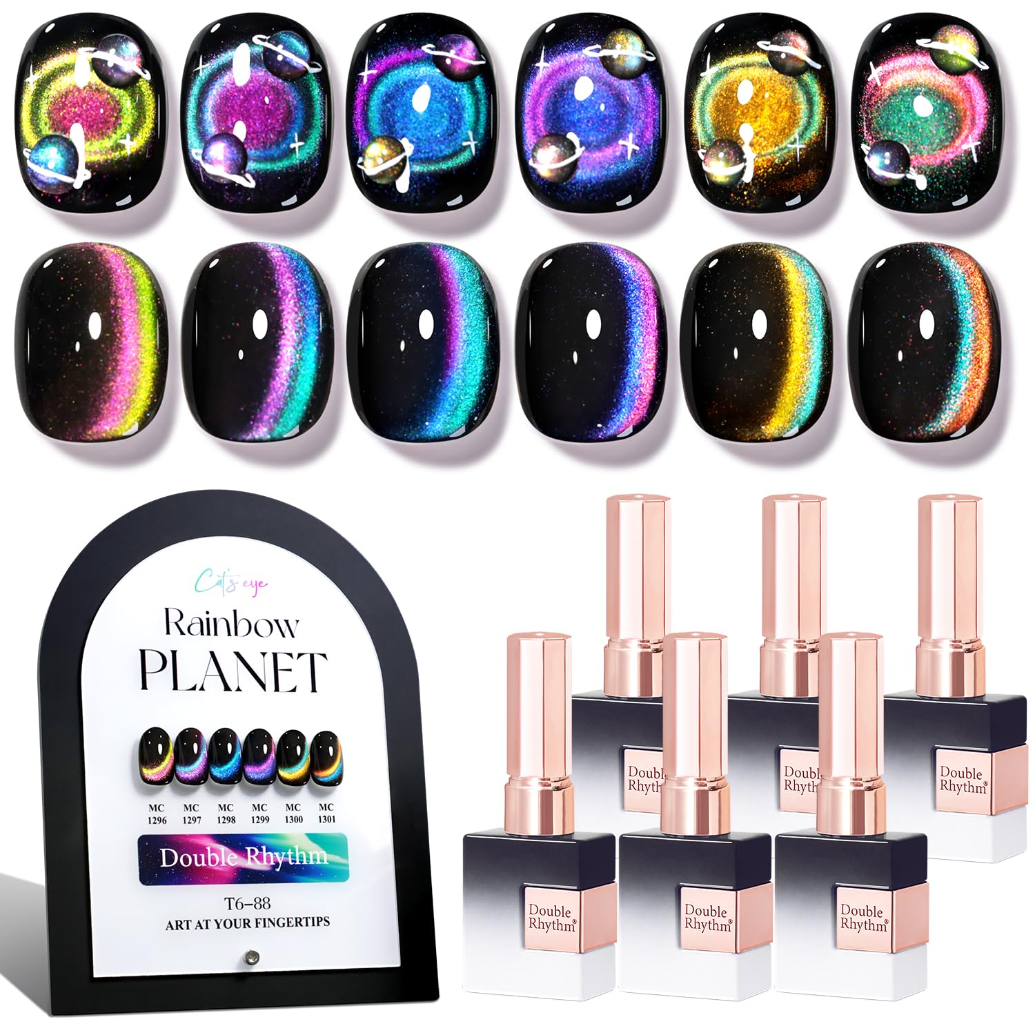 Double Rhythm front packaging showing six holographic bottles for vivid polish display