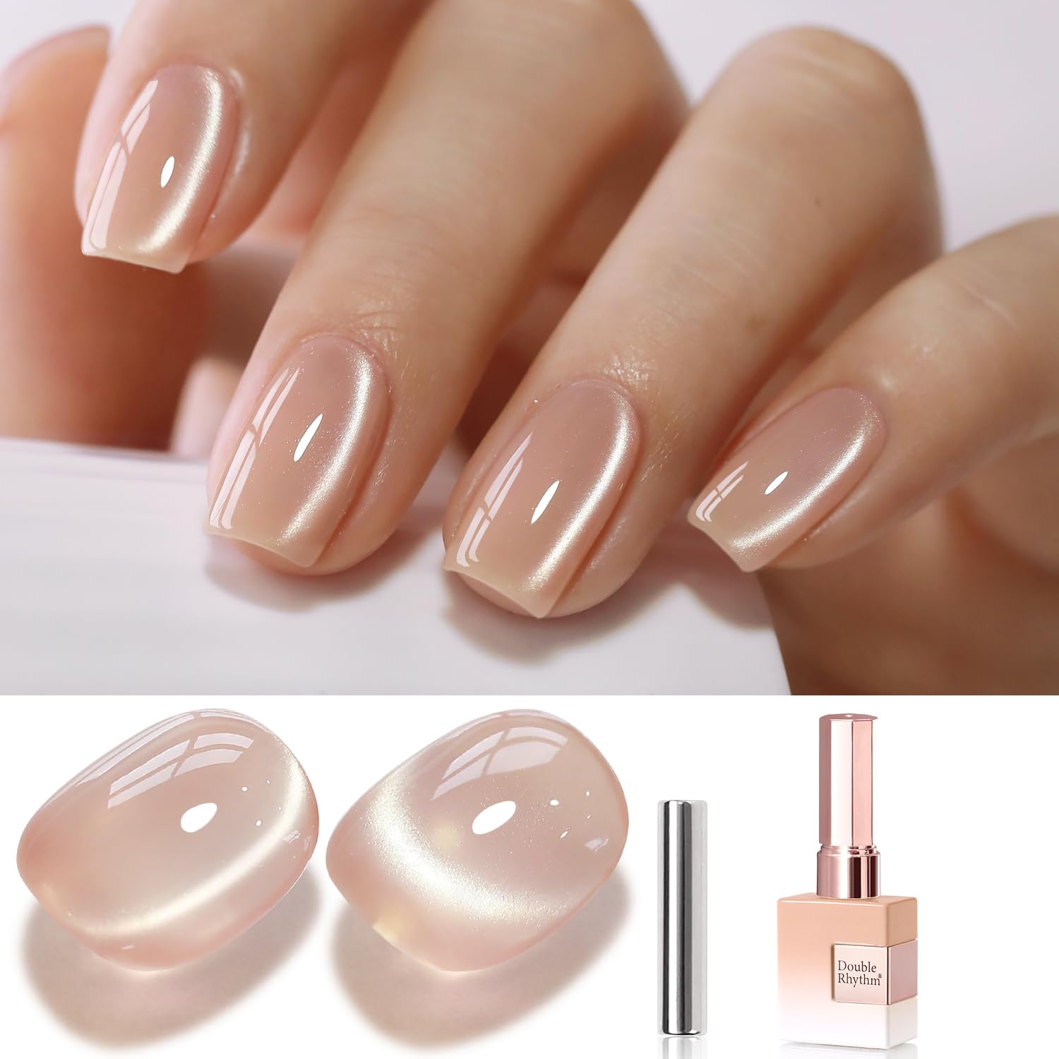 Double Rhythm bottle front packaging showing nude holographic polish benefit of clear branding