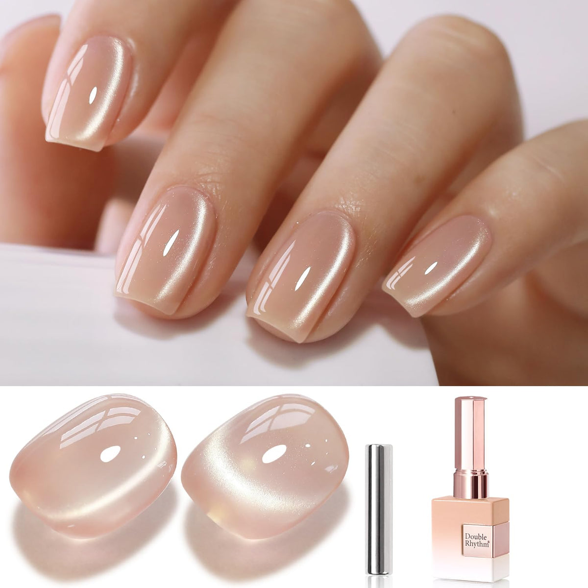 Double Rhythm bottle front packaging showing nude holographic polish benefit of clear branding