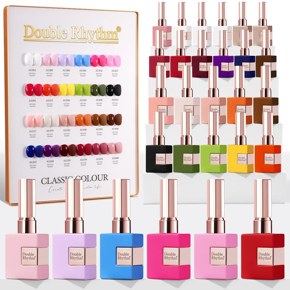 Double Rhythm front packaging showing 28-piece gel set, clear organization for quick selection