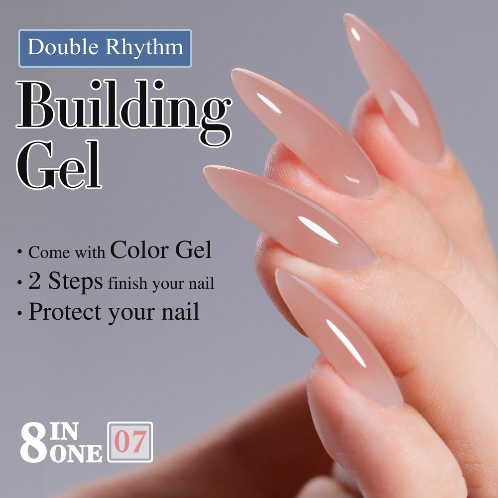 Double Rhythm gel on nail extension demonstrating added length strength