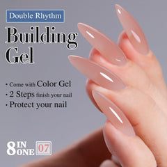 Double Rhythm gel on nail extension demonstrating added length strength