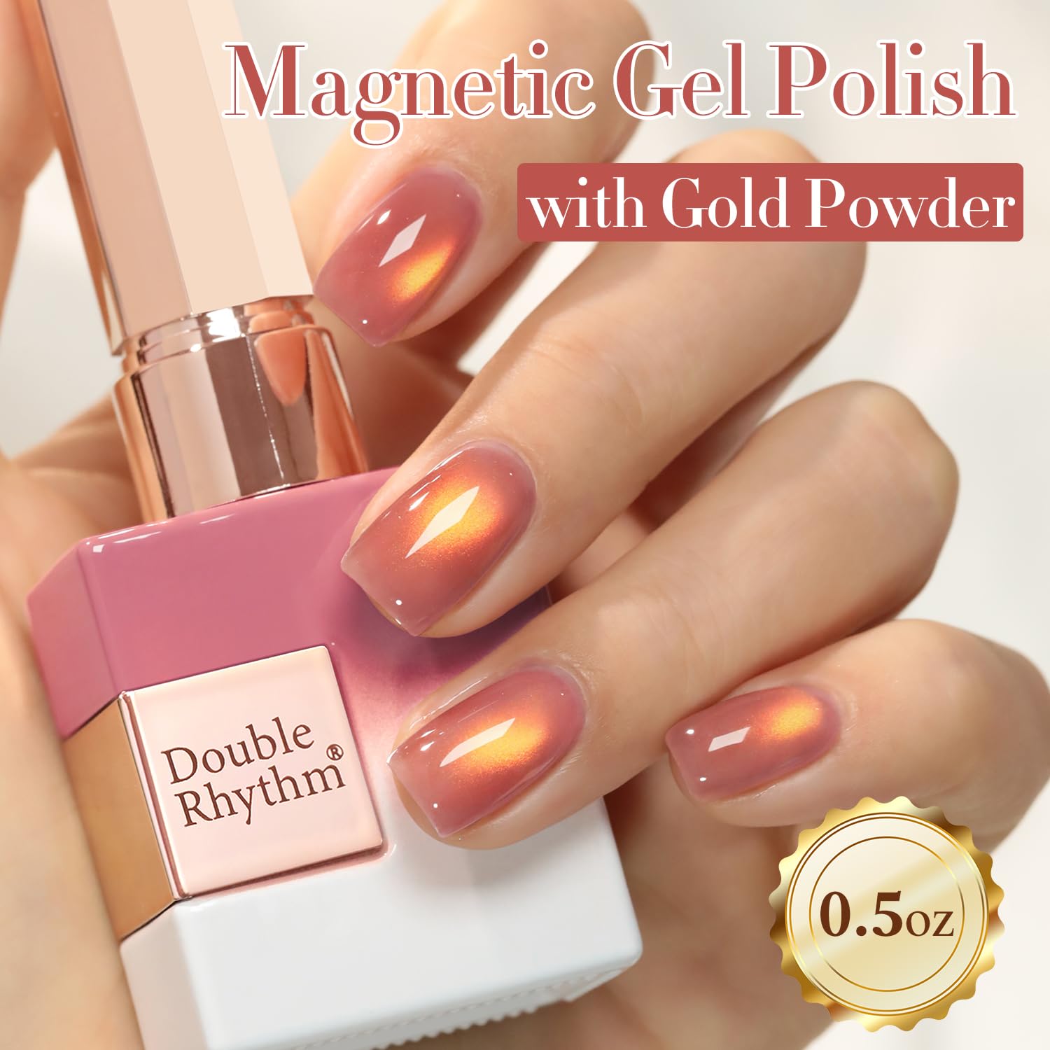 Double Rhythm magnet held over nail creating cat eye stripe for dramatic effect benefit