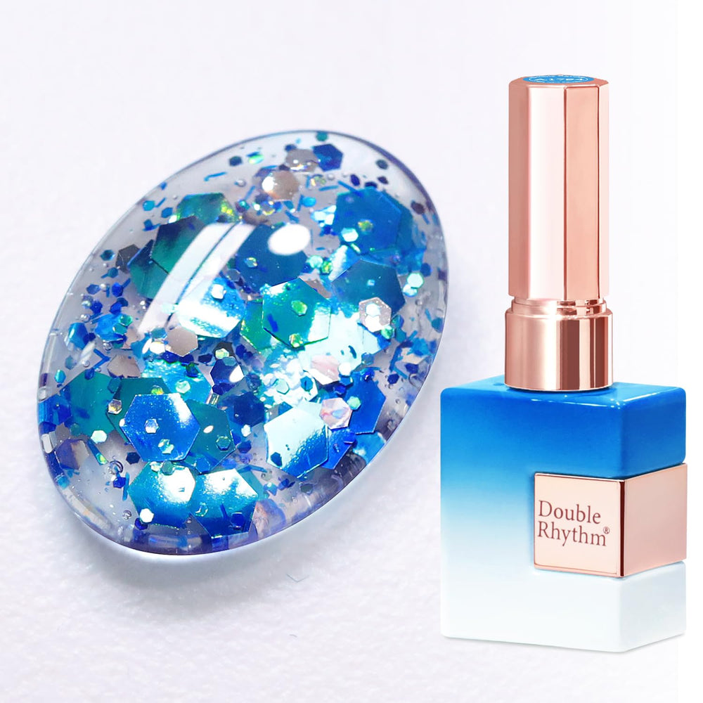 Double Rhythm bottle front view showing holographic blue finish and salon-quality shine