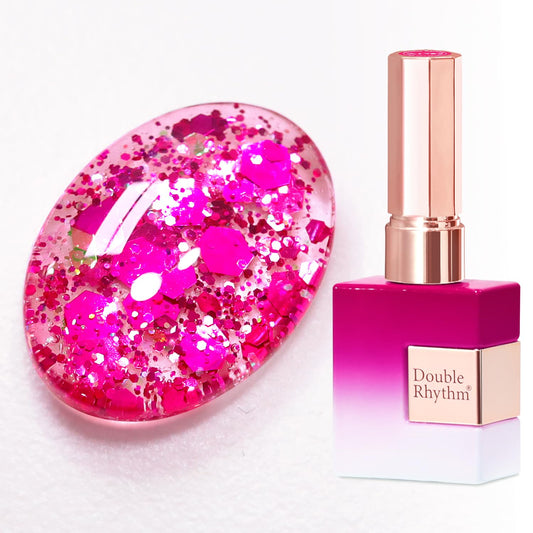 Double Rhythm bottle front view showing holographic magenta finish and salon-ready shine
