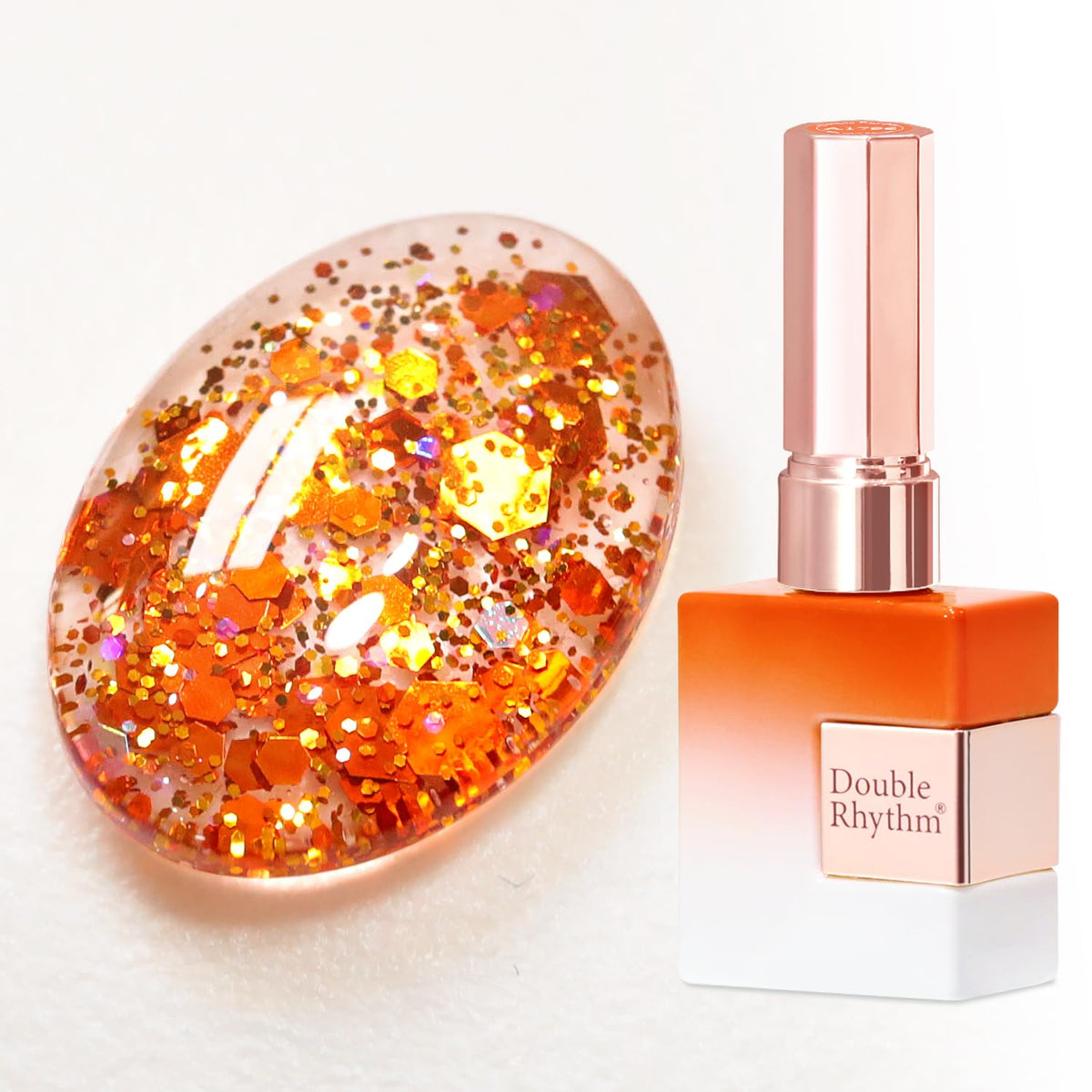 Double Rhythm bottle front view showing holographic orange polish and salon-ready finish