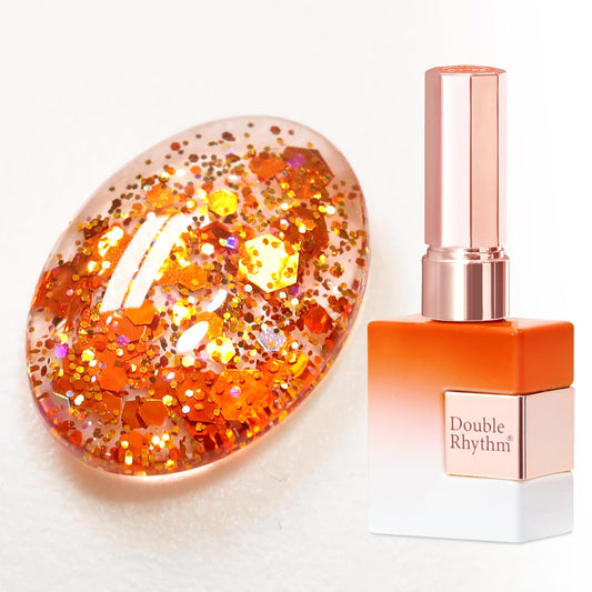 Double Rhythm bottle front view showing holographic orange polish and salon-ready finish