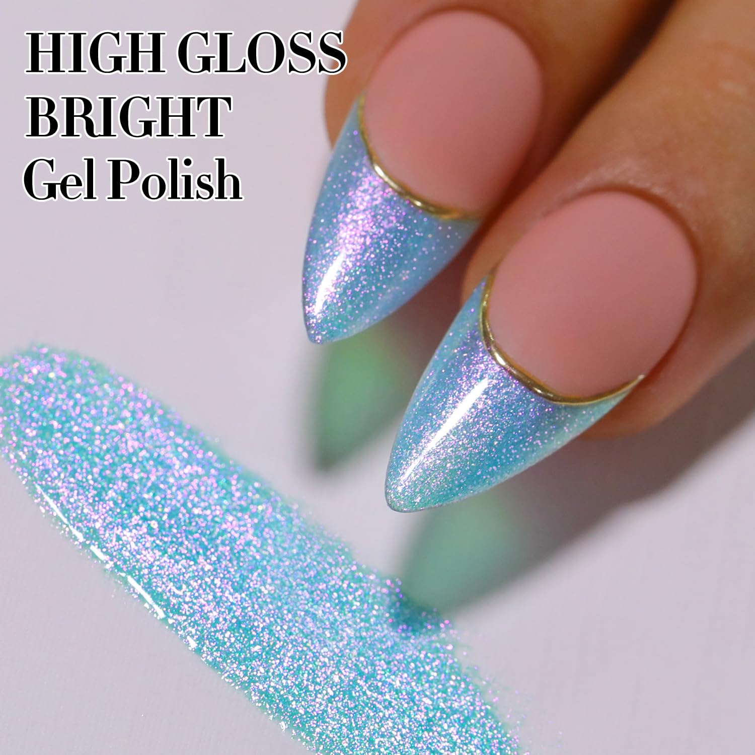 Double Rhythm nail swatch on hand displaying reflective ice blue finish and salon shine