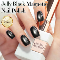 Double Rhythm nails on hand showing finished holographic cat-eye look