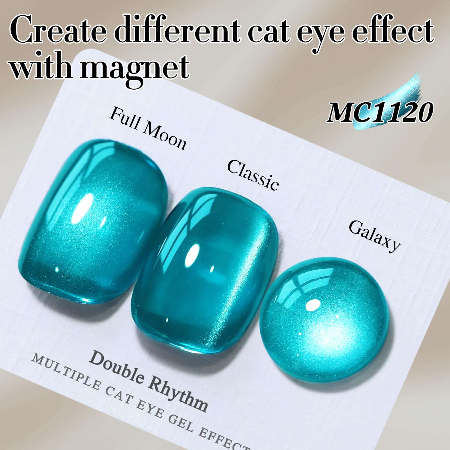 Double Rhythm magnet held over wet polish creating cat eye stripe for dramatic effect benefit