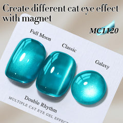 Double Rhythm magnet held over wet polish creating cat eye stripe for dramatic effect benefit