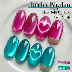 Double Rhythm jelly teal layered over dark base showing intensified cat eye contrast benefit
