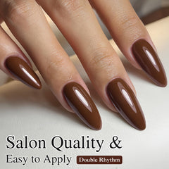 Double Rhythm nails styled with evening outfit showing polished, sophisticated look
