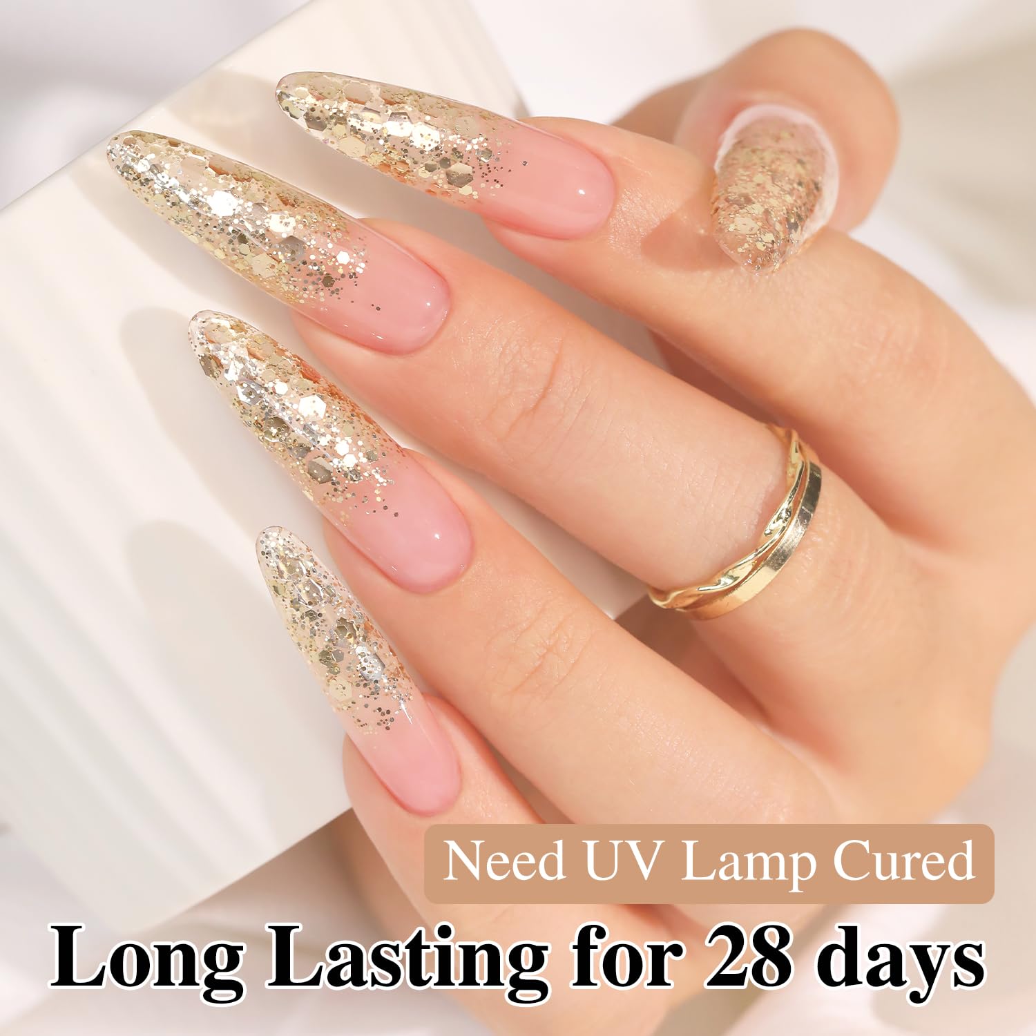 Double Rhythm manicure on hands at party scene showing eye-catching sparkle for special occasions