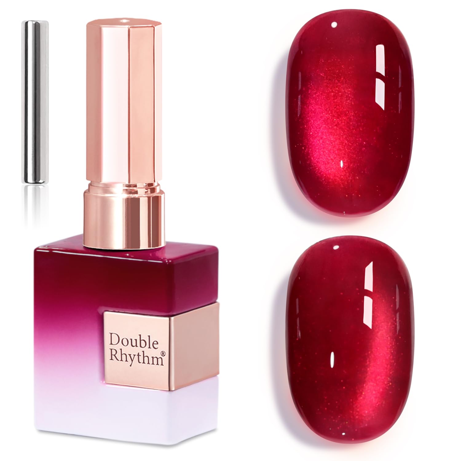 Double Rhythm front bottle showing magic burgundy color and shimmer, ideal for eye-catching nails