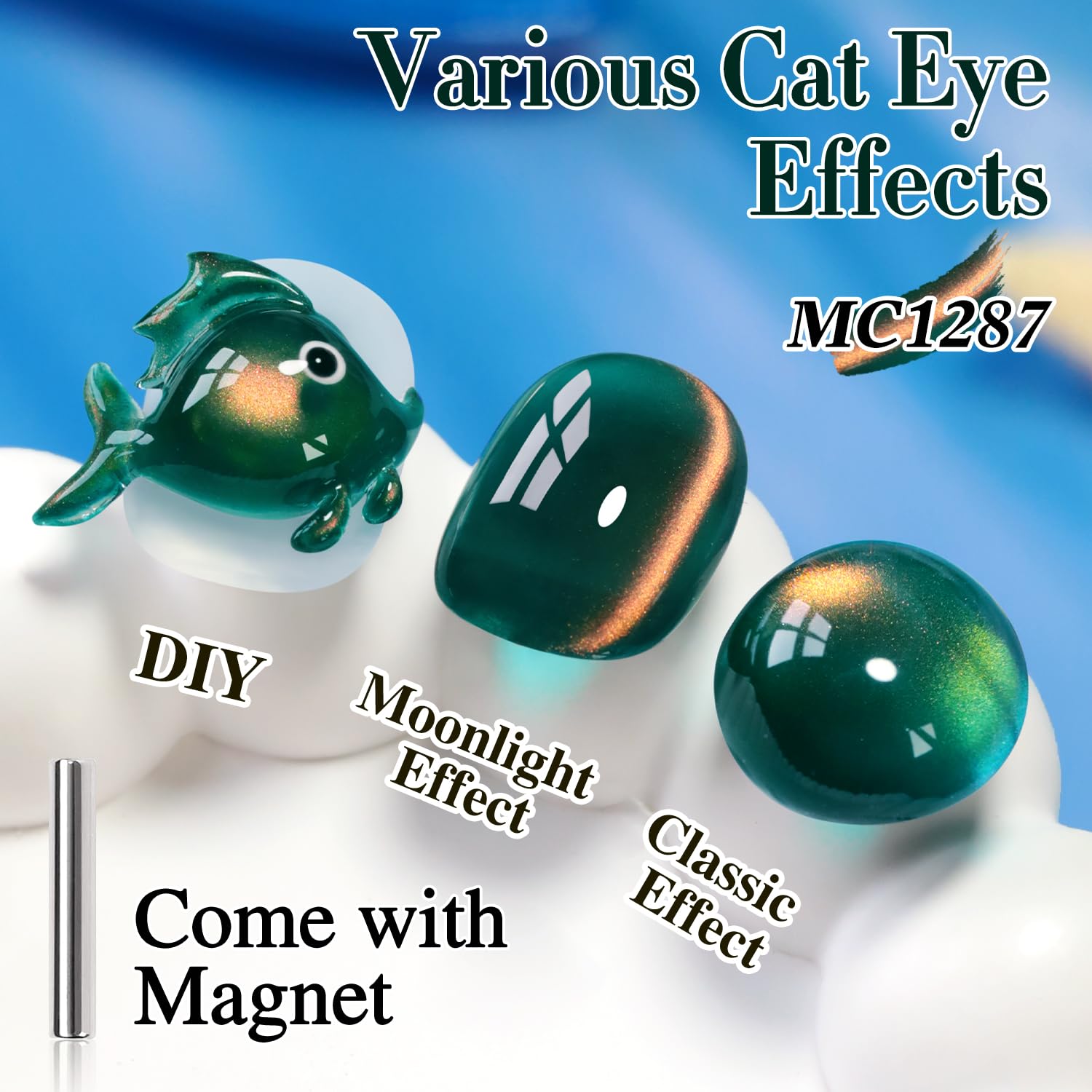 Double Rhythm magnet held over wet polish creating cat-eye effect benefit