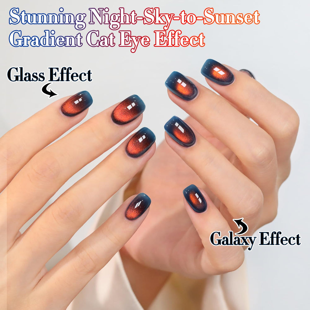 Double Rhythm magnet pulling cat-eye line on nail, demonstrating dramatic design control