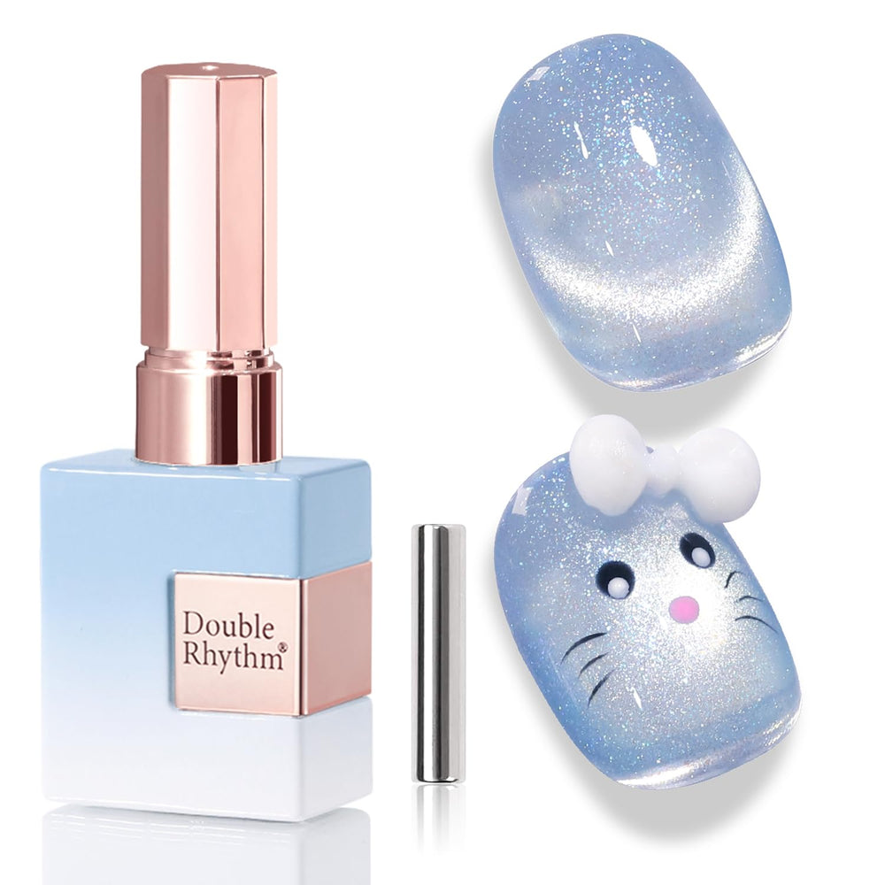 Double Rhythm mermaid blue bottle front view showing holographic shimmer benefit
