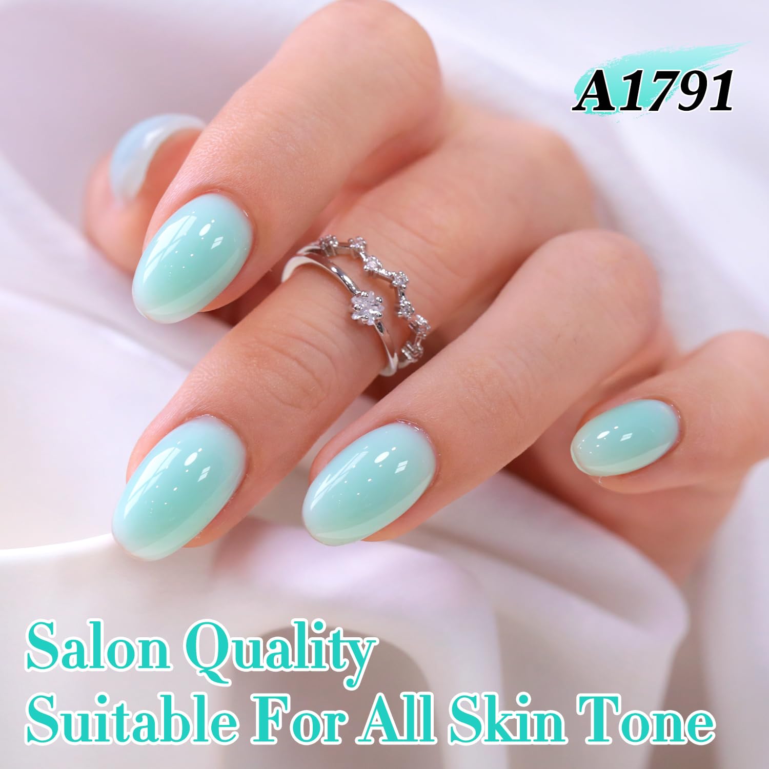 Double Rhythm lifestyle hand shot wearing milky teal nails showing everyday elegance