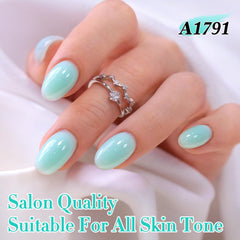 Double Rhythm lifestyle hand shot wearing milky teal nails showing everyday elegance
