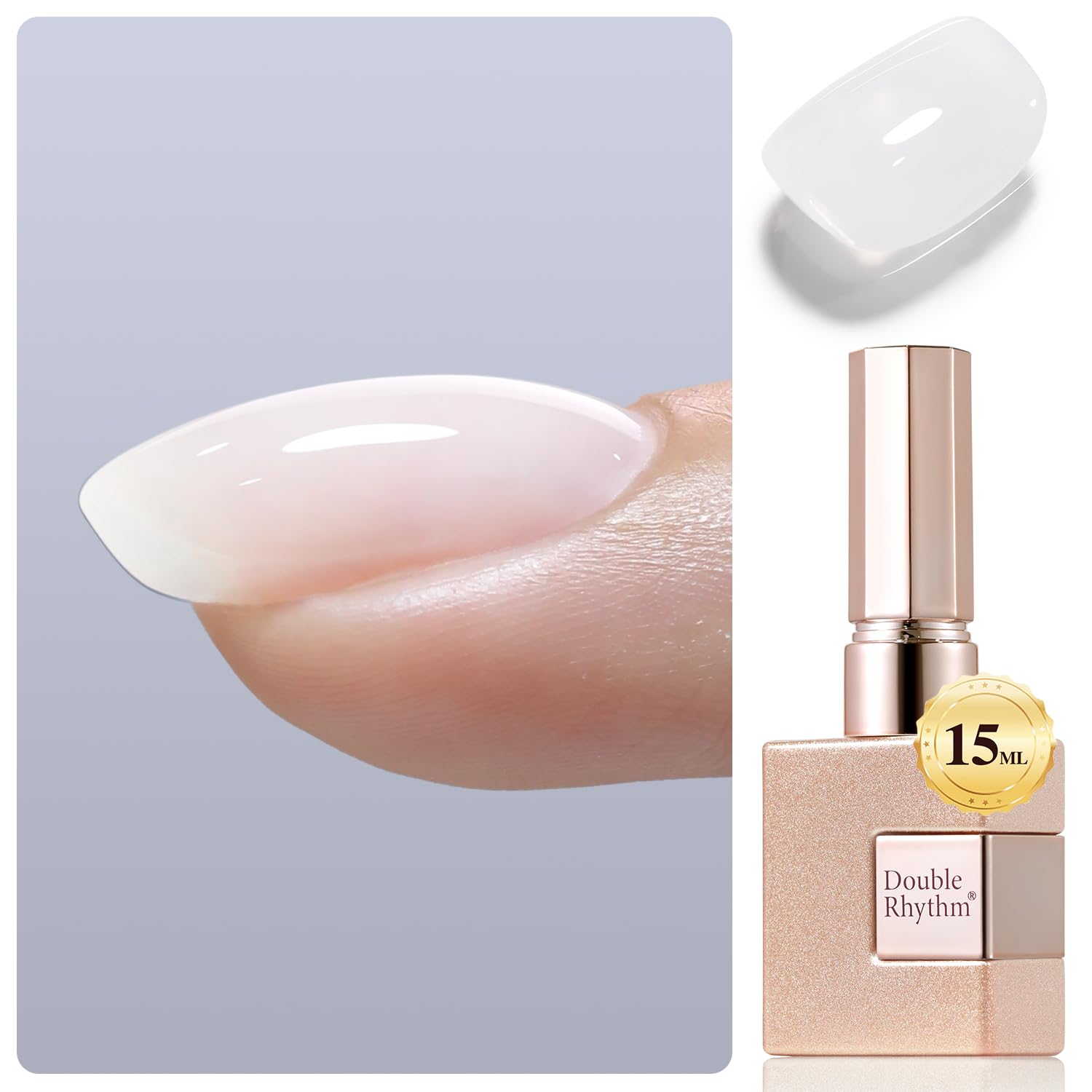 Double Rhythm front bottle shot showing milky white gel and clear label benefit